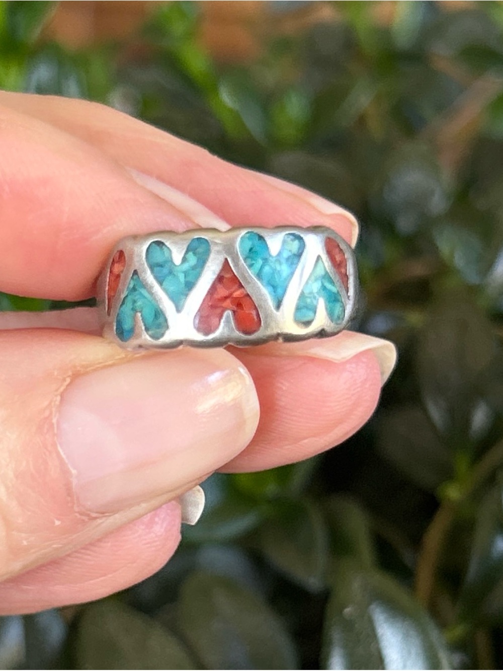 Vintage Native AmericanSterling Silver Heart Inlay Ring with Turquoise and Coral - Picture 1 of 7